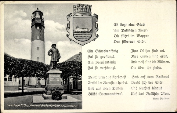 PC Baltijsk Pillau East Prussia, Great Elector monument, lighthouse, poem by Hans Parlow, coat of arms