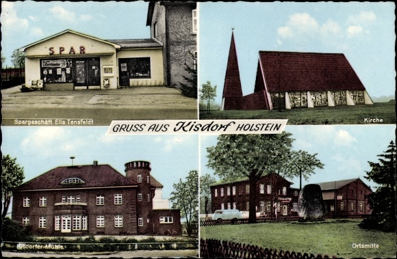 Postcard Kisdorf in Holstein, savings shop Ella Tensfeldt, church, town center, Kisdorfer mill