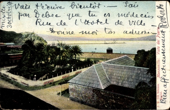 Ak Manzanillo Mexiko, Blick auf den Hafen, Palmen,  aus Mexiko, Text in Französisch