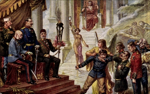 Postcard World Court, European ruler, Emperor Franz Josef I, Sultan V, Emperor Wilhelm II.