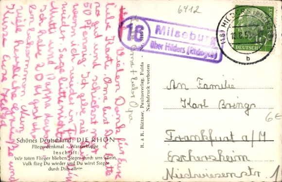 Country postmark (16) Milseburg above Hilder's Rhön Mountains, August 19, 1953 on PC