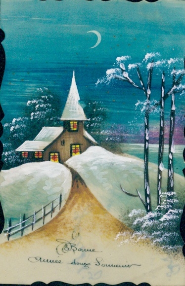 Celluloid PC Happy New Year, Snowy Church, Moon