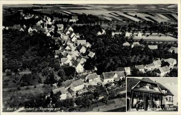 Ak Boll Oberndorf am Neckar, Luftaufnahme eines Dorfes, Gasthaus z. Lamm, Landschaft