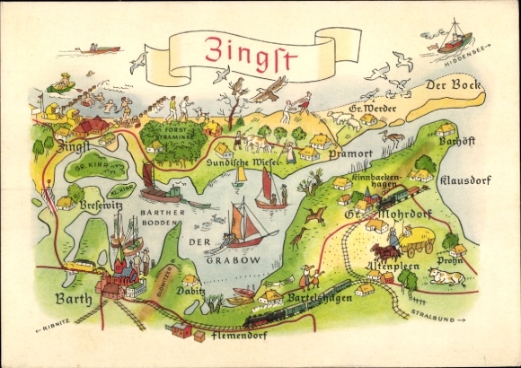 Postcard Ostseebad Zingst, map of illustrations, sea, places, ships, nature
