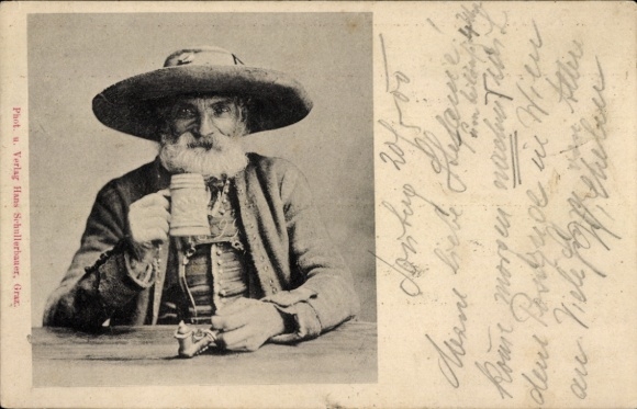PC Austrian traditional costume, man with beer glass and pipe