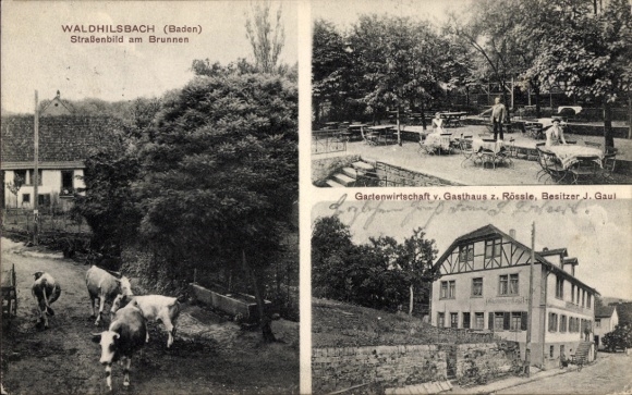 Ak Waldhilsbach Neckargemünd am Neckar, Straßenbild am Brunnen, Gartenwirtschaft, Gasthaus