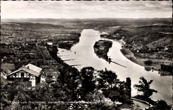 Ak Königswinter am Rhein, Blick vom Drachenfels, Rhein, Nonnenwerth, Rolands