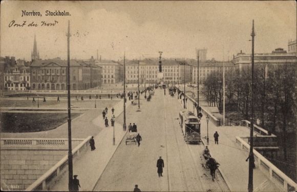 Postcard Stockholm Sweden, Norrbro, Tram