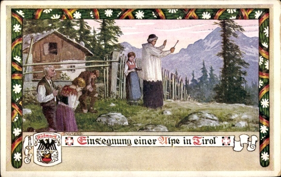 Artist Postcard Kutzer, E., Blessing of an Alp in Tyrol, Kneeling People, Tyrolean Costume