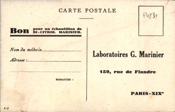 Ansichtkaart Parijs XIX., Laboratoires G. Marinier, Rue de Flandre, Bi-Citrol