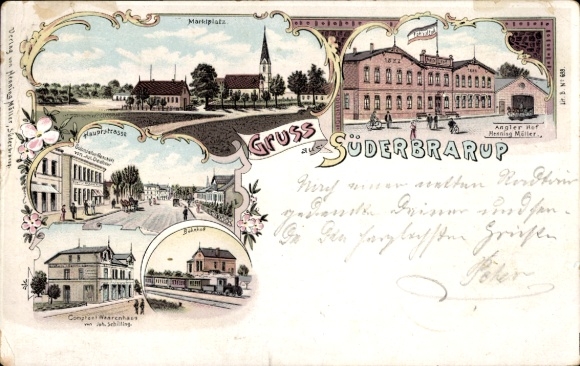 litho Süderbrarup in Visserij Sleeswijk-Holstein, marktplein, hoofdstraat, treinstation, Angeler Hof
