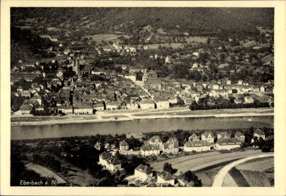 Postcard Eberbach am Neckar Odenwald Baden, aerial view of Neckar, old town, river landscape