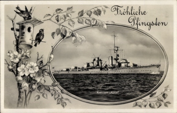 Passepartout Postcard Congratulations Pentecost, German Warship, Cologne, Cruiser