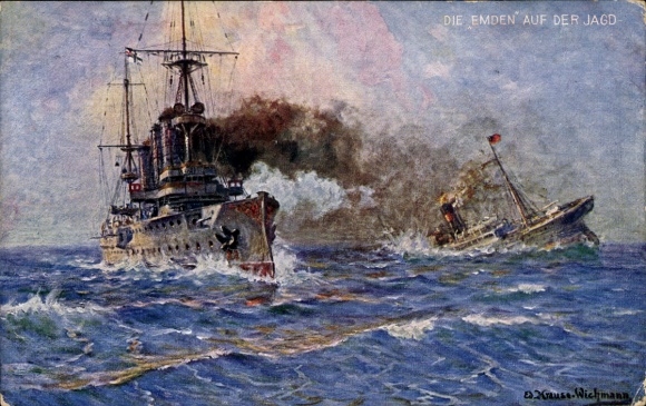 Artist Postcard Krause Wichmann, German warship SMS Emden on the hunt, Imperial Navy