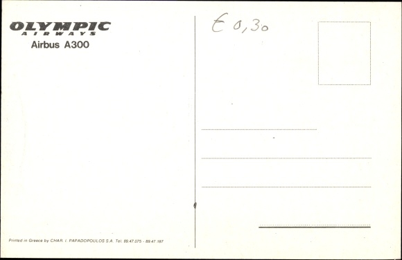 Postcard Greek passenger plane, Airbus A300, Olympic Airways