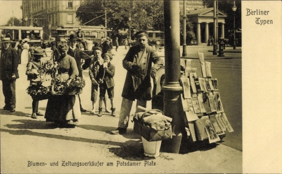 Postcard Berlin Tiergarten, flower and newspaper sellers at Potsdamer Platz