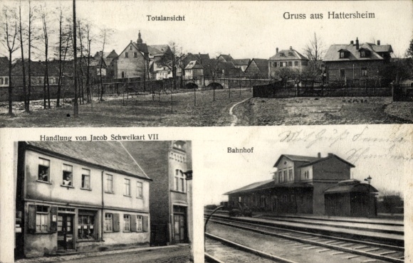 Postcard Hattersheim am Main, general view, train station, shop of Jacob Schweikart VII