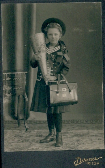 CdV girl with school cone, schoolgirl, school enrollment, school bag