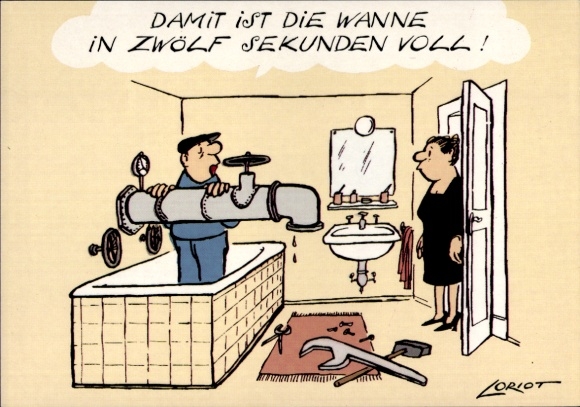 Artist Postcard Loriot, This fills the tub in twelve seconds, bathtub, water pipe