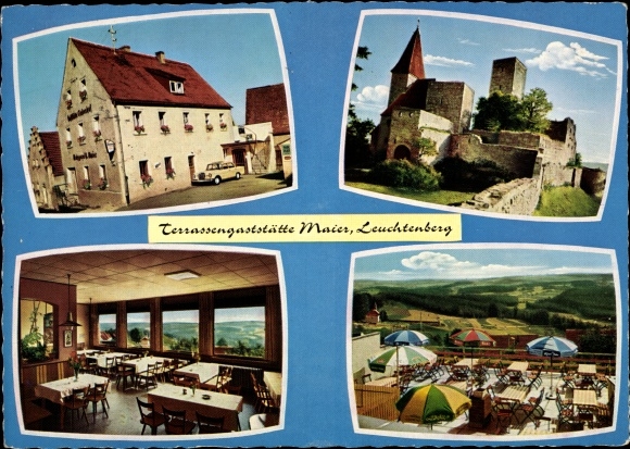 Postcard Leuchtenberg in der Oberpfalz, terrace restaurant Maier, exterior view, terrace, castle