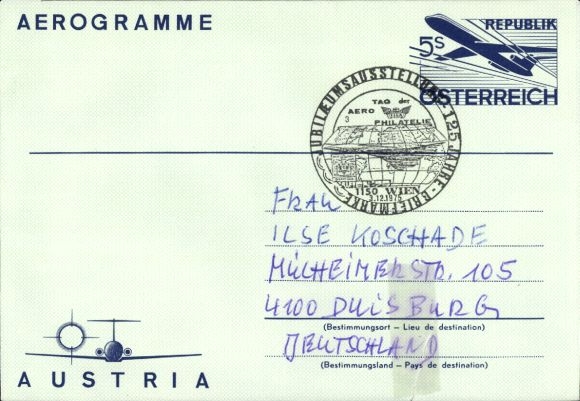 Artykuły pocztowe list lotnicza Austria, aerogramy, wystawa 125 lat znaczków