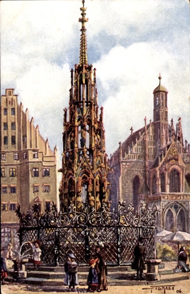 Artist Postcard Sollmann, Nuremberg in Middle Franconia Bavaria, Beautiful fountain