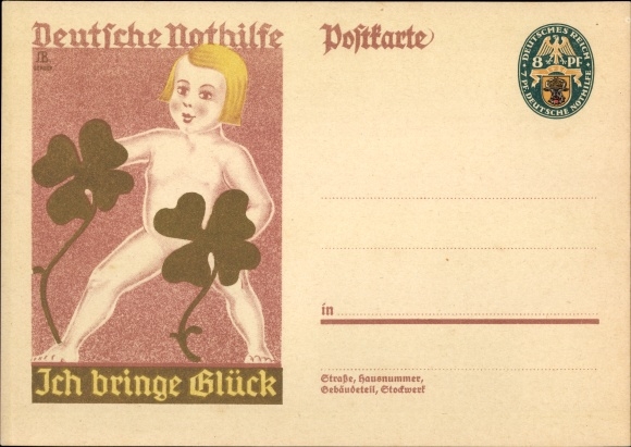 Postwaardestuk ansichtkaart Deutsche Nothilfe, kind met klaverblad, ik breng geluk
