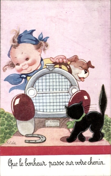 Artist Postcard Girl in the car, Black cat on the street, horseshoe