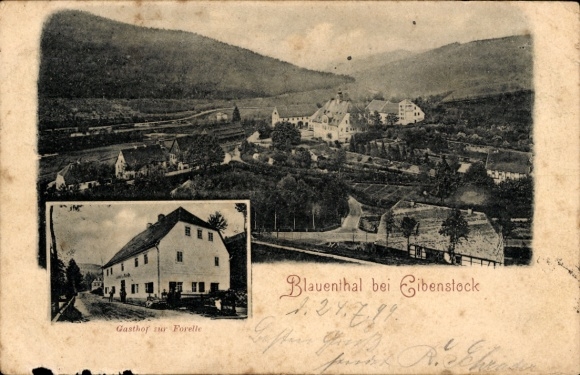 Postcard Blauenthal Eibenstock in the Ore Mountains, general view with surroundings, Gasthof zur Forelle