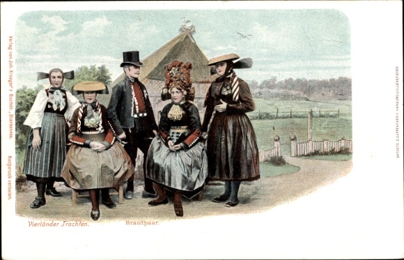 Chromo-Litho Hamburg Bergedorf Vierlanden, bridal couple in traditional costume, Bahlmanns Etablissement Zollenspieker