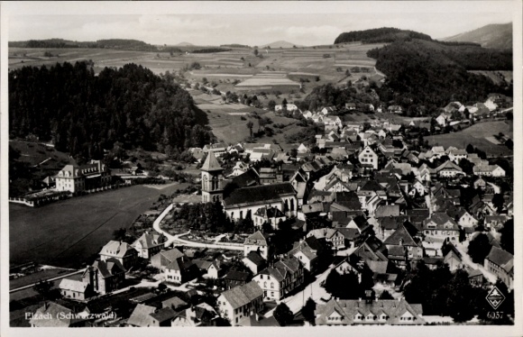 Postcard Elzach in the Black Forest, aerial photograph of the Black Forest, houses, church, landscape, wooded mountains
