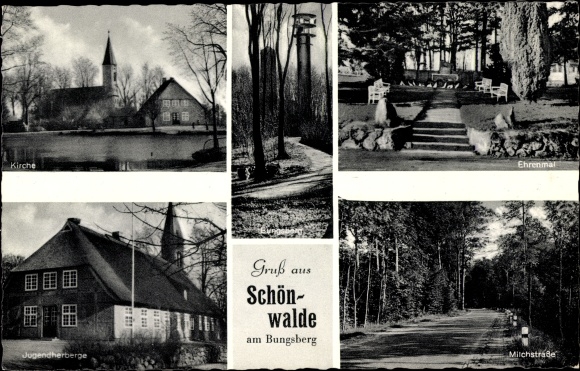 Postcard Schönwalde am Bungsberg in Ostholstein, memorial, church, youth hostel, Michstraße