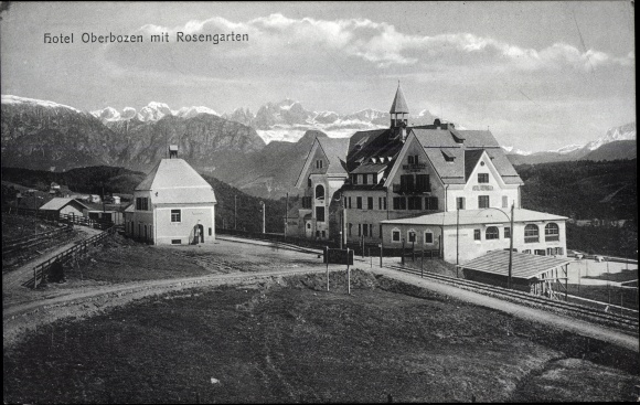 Postcard Oberbozen Soprabolzano Renon Ritten South Tyrol, Hotel Oberbozen, train station, Rosengarten