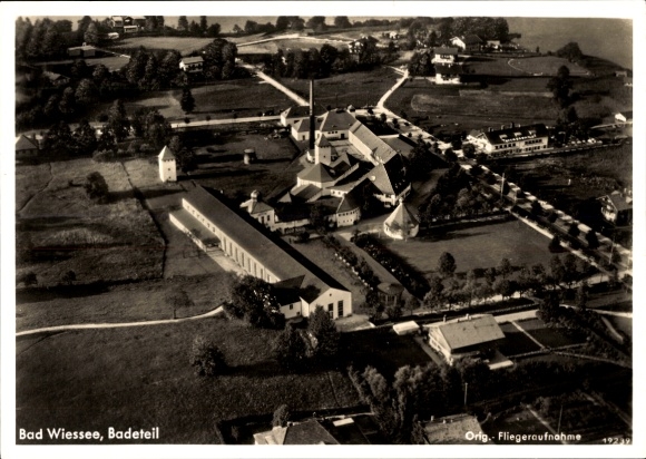 Postcard Bad Wiessee in Upper Bavaria, aerial view of bathing area, renovated buildings, landscape