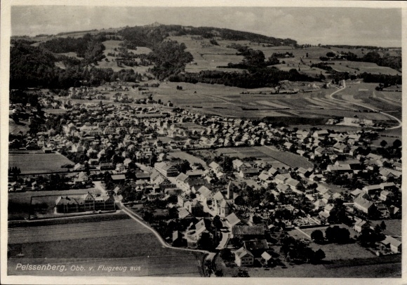 Postcard Peissenberg Peißenberg in Upper Bavaria, aerial view of forest landscape, houses, fields