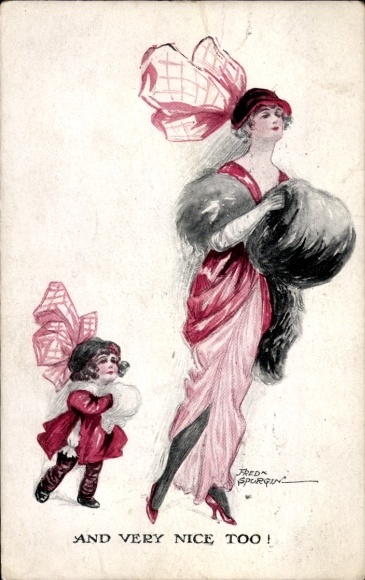 Artist Postcard Spurgin, F., woman and her daughter, muff, fashion, dress, bow