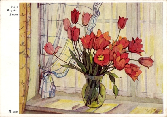 Ak Altfriedstein Niederlößnitz Radebeul, Tulpenstrauß in einer Vase auf einer Fensterbank
