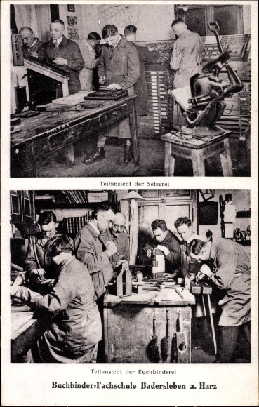 Postcard Badersleben Huy Harz Thuringia, bookbinding school, typesetting, interior view