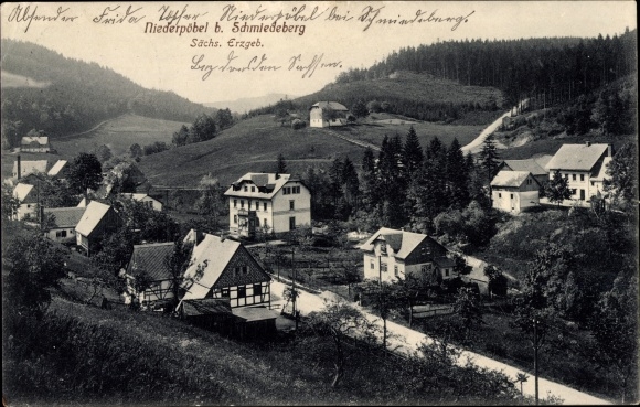 Postcard Niederpöbel Schmiedeberg in the Erzgebirge, partial view