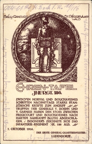 Postcard Honor Roll, Infantry Regiment 186, Quartermaster General Ludendorff