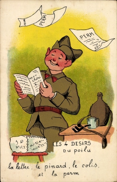 Ak Les 4 Desirs du poilu, la lettre, le pinard, le colis et la perm, Humor
