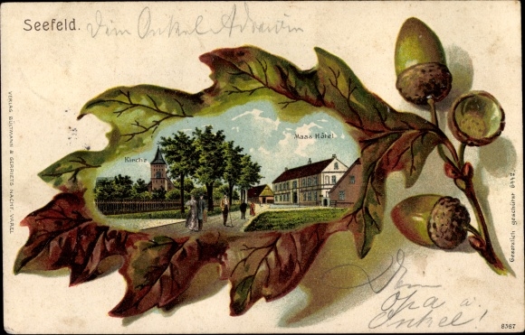 Embossed oak leaf litho Seefeld Stadland in the district of Wesermarsch, Maas Hotel, church