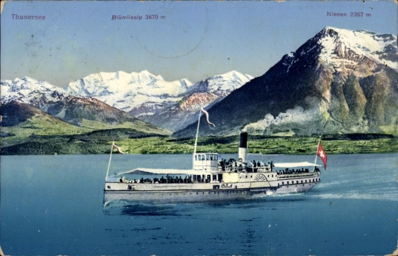 Postcard Thuner See, saloon steamboat, Blümlisalp, Niesen