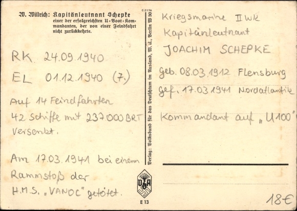 Artist PC Willrich, Wolfgang, lieutenant captain Joachim Schepke, U boat commander