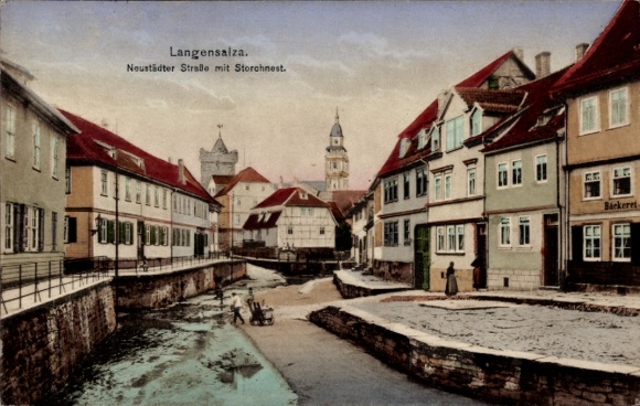 Postcard Bad Langensalza in the Thuringian Basin, Neustädter Straße with stork's nest, bakery