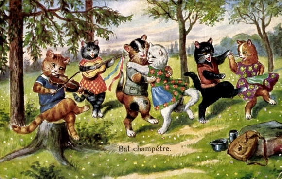 Artist Postcard Kaskeline, F., humanized cats, Miss can you dance the waltz