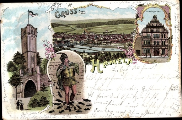 litho Hamelen in Nedersaksen, Rattenvangerhuis, Klütturm, overzicht