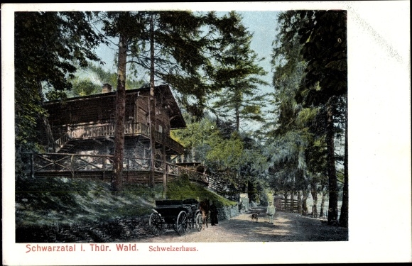 Postcard Schwarzburg im Schwarzatal Thuringia, Swiss house, forest path, passers-by, carriage