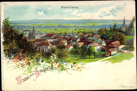 Chromo-Litho Amstetten in the Swabian Alb, view of the town