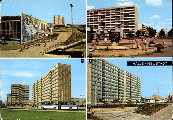 Ak Neustadt Halle an der Saale, Hallenschwimmbad, Hochhäuser, Plattenbauten